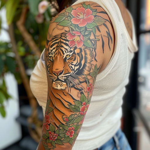 Arm tattoos for women in the style of Ami James with a fierce tiger and cherry blossoms