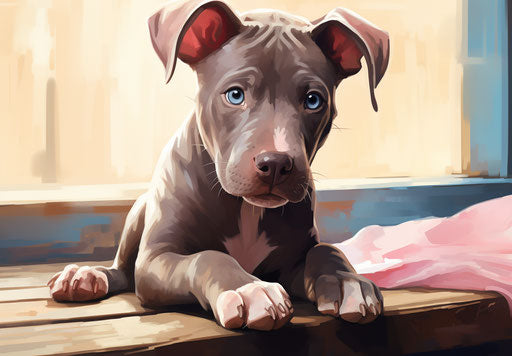 Sitting gray pit bull puppy, dark white light blue style