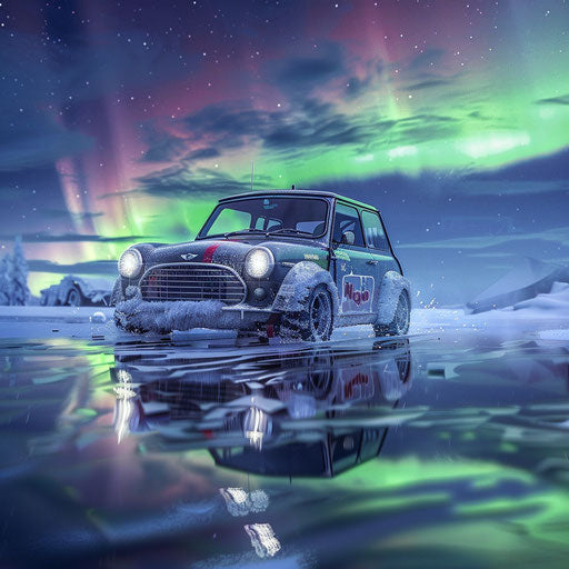 1980 Mini Cooper on ice under the Northern Lights