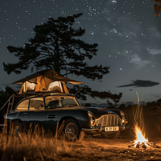 Touring car Aston Martin DB6 with roof-top tent and overland gear, parked beside a campfire under the stars