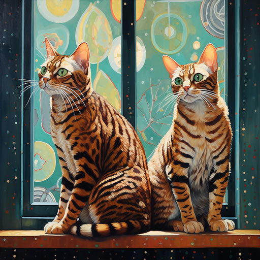 Two Bengal striped cats sitting on a seat near a window