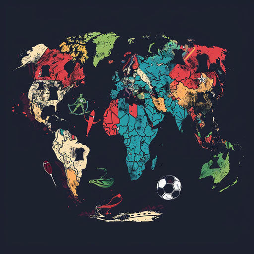 Sports map logo with various sports elements integrated into continents