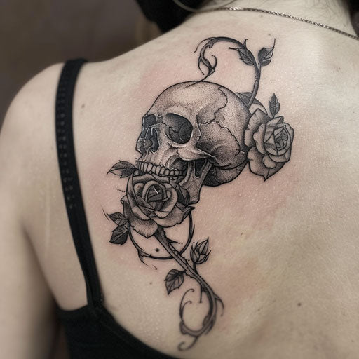 Gothic blackwork tattoo with skull and roses on white background