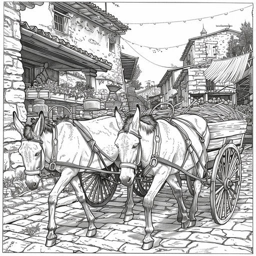 Donkeys pulling a cart through a market