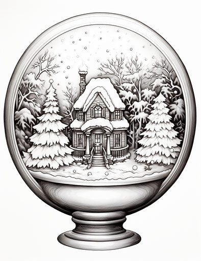 Beautiful snowglobe coloring page, calligraphy-inspired style