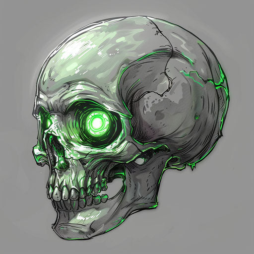 Gray and green skull with ghost of green eye