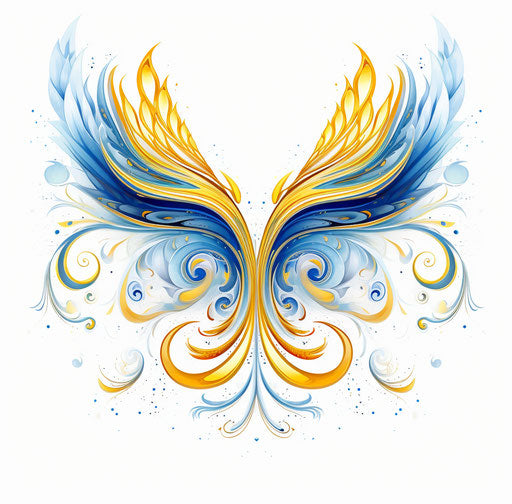 Blue and yellow dove wings with ornaments on a white background