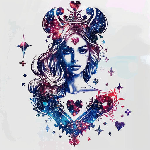 Cosmic Queen of Hearts tattoo with stars and galaxy patterns