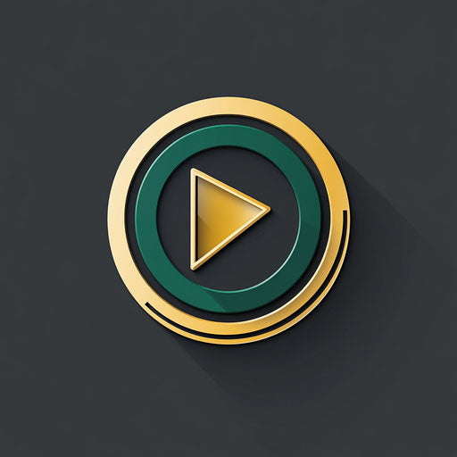 Professional DJ logo with stylized play button design, sleek sans-serif typography, fresh green and gold palette, isolated on flat dark gray background.