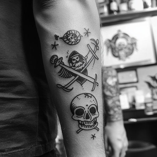 Black and grey tattoo with pirate motifs, in the style of Sailor Jerry
