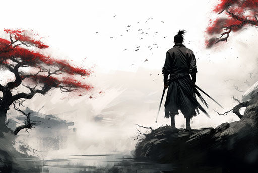 Japanese warrior with sword, tami bone style, black and white