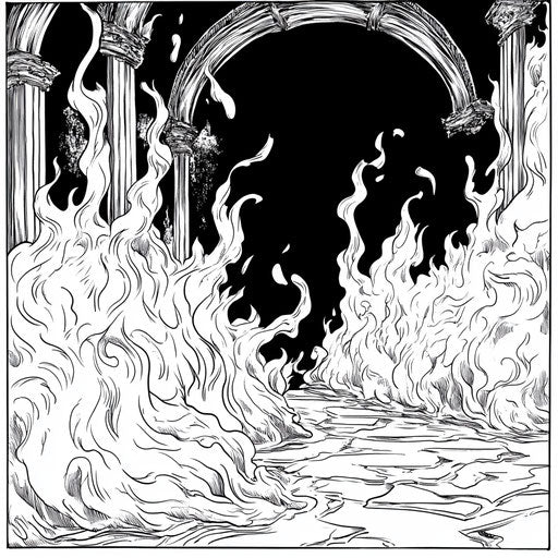 Flames in a noir setting, Mark Schultz style, intense and moody coloring page