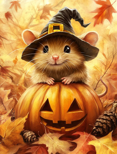 Cute mouse with witch hat on pumpkin