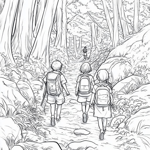 Friends exploring forest trail, Hideo Kojima style, coloring page