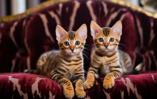 Two Bengal kittens sitting on a couch