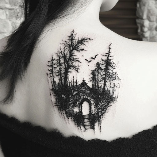 Shoulder tattoos for females with haunted forest imagery