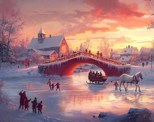 Red bridge with ice skaters in snow near town at sunset