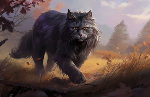 Grey cat walking on grass near trees