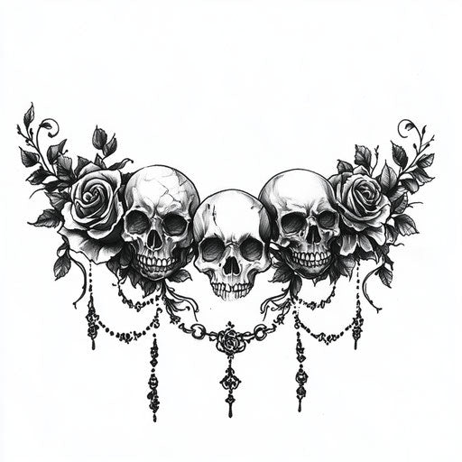 Beautiful clipart style flat tattoo sketch of best neck tattoos with gothic elements like skulls and roses
