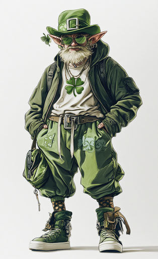 Leprechaun caricature in Don Martin and Disney cartoon style on white background