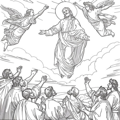 Jesus ascending into heaven with disciples watching