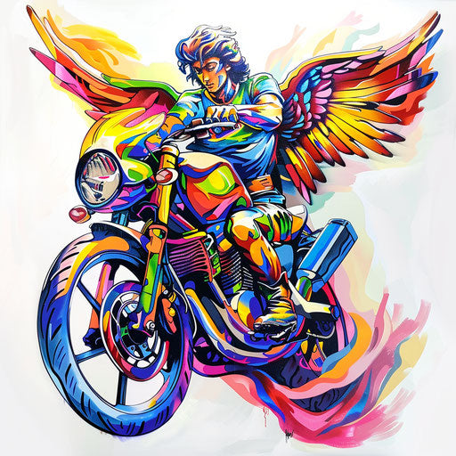 Archangel Michael with street art motorcycle on white background