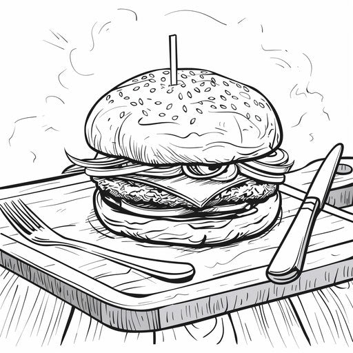 Burger on cutting board with knife and fork, coloring page