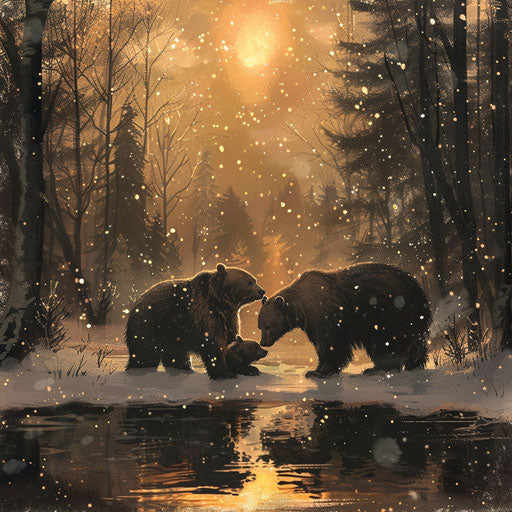 Bears in silent snowfall at dusk