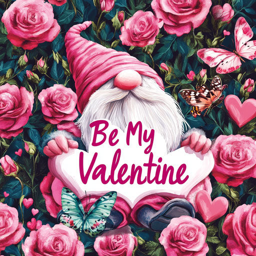 3 gnomes surrounded by roses, hearts, and butterflies in digital art style