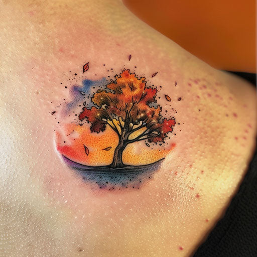 Sunset tattoo with lone tree and falling leaves on colorful background, on white