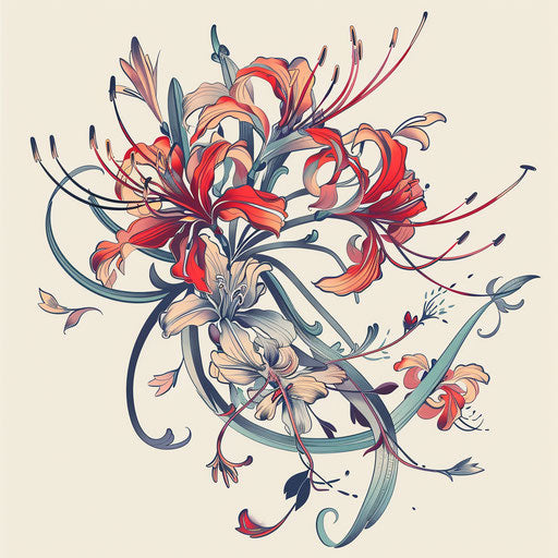 Japanese style spider lily tattoo, with waves and wind bars in traditional colors, inked on a pure white background.