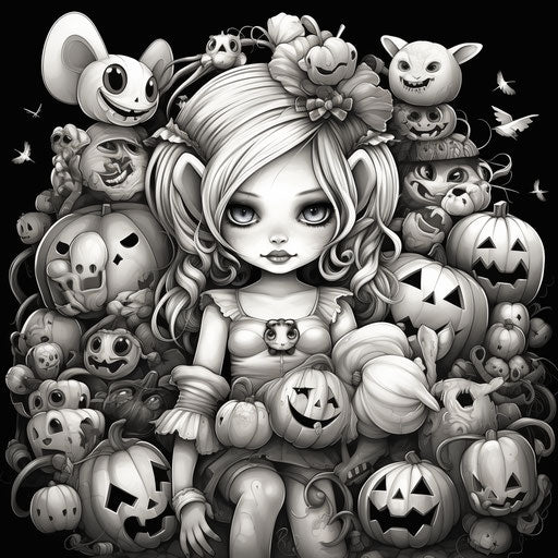 Girl with toys, Halloween cards, coloring book