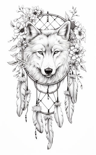 Black and white drawing of animals and dream catcher, rustic symmetrical style