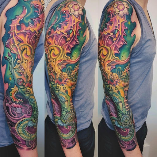 Psychedelic biomechanical sleeve tattoo for women