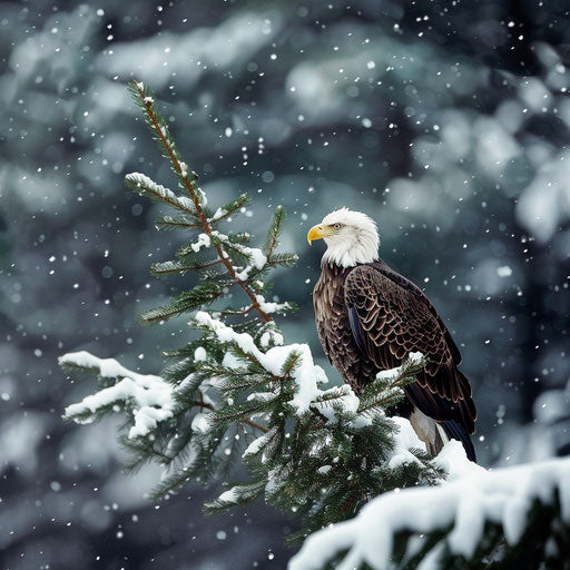 Bald eagle on branch in gentle snowfall