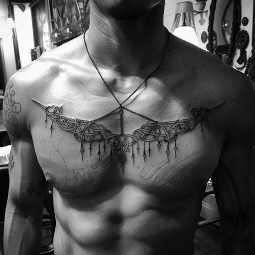 Cool tattoos for men featuring Elvish runes on the chest