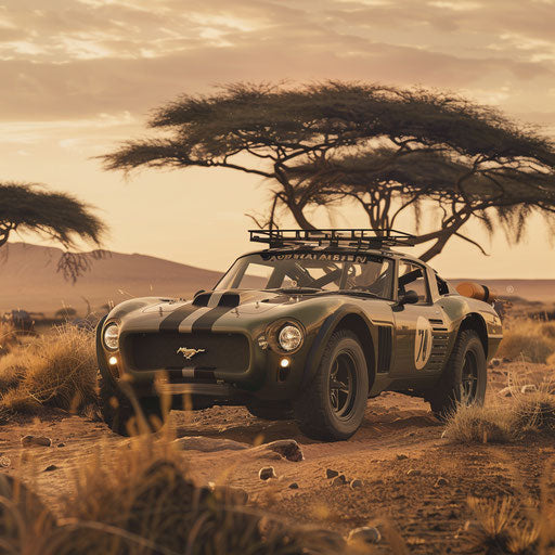 Exploration in Shelby Daytona safari edition with roof rack and all-terrain tires in an African savannah