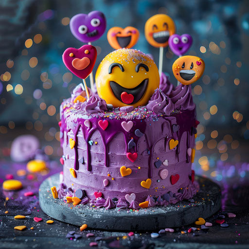 Purple cake with colorful smiling emoticons