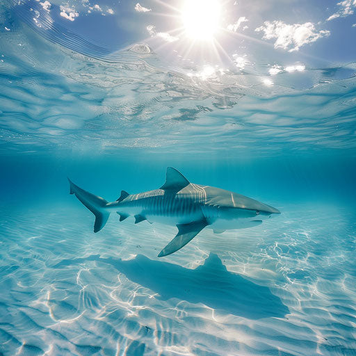 Tiger shark gliding in crystal-clear waters with rays of sunlight
