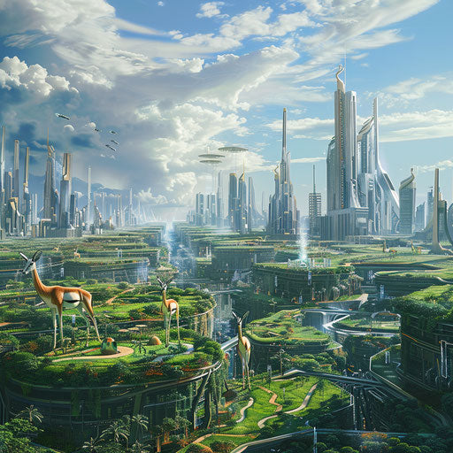 Futuristic cityscape with gazelles in urban parks and green rooftops