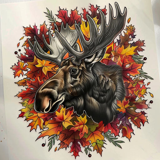 Vibrant flat tattoo sketch of a moose framed by colorful autumn leaves
