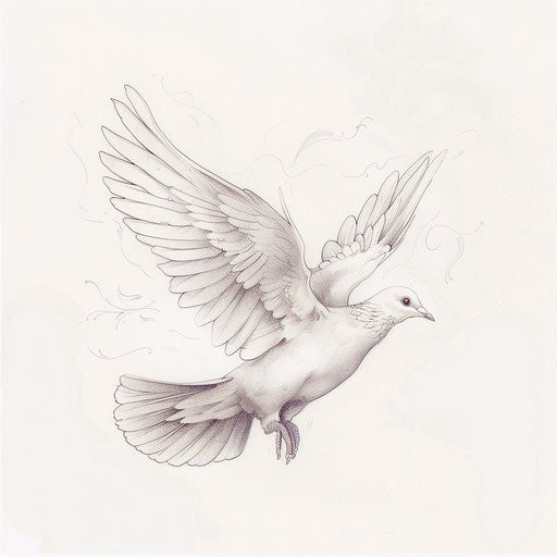 Sketch of a dove representing the Holy Spirit, delicate tattoo design in gray shades on white background