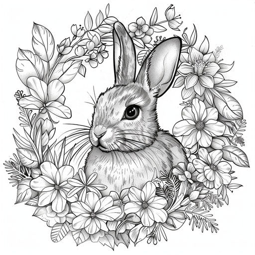 Bunny surrounded by a wreath of spring flowers. Coloring book page