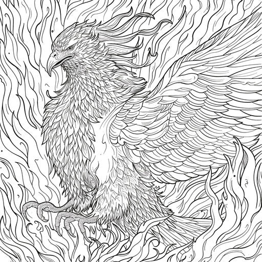 Detailed phoenix rising from flames. Coloring book page