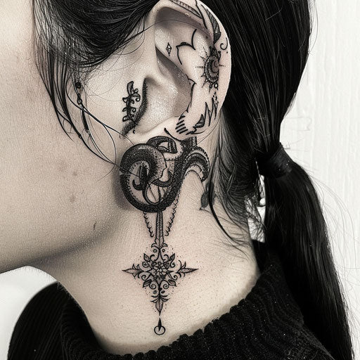 Ear tattoos with gothic and mystical symbols