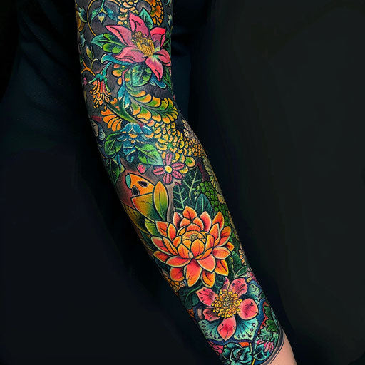 Floral sleeve with intricate patterns and vibrant colors