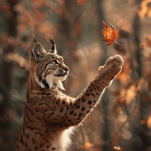 Playful lynx with falling leaf