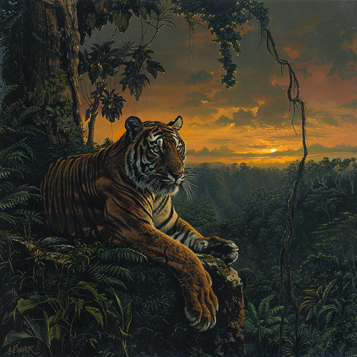 Sumatran tiger at sunset on a cliff