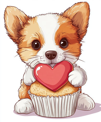 Adorable puppy holding heart-shaped cookie