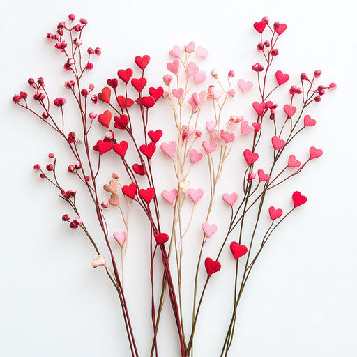 Three bunches of pink and red heart-shaped floral stems with small berries, on white background